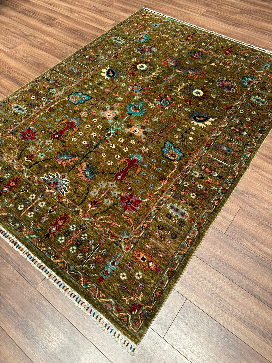 Sultani Floral Original Hand-Woven Green Vegetable Dyed Wool Carpet 170x236 4.01 Square Meters - 6x8