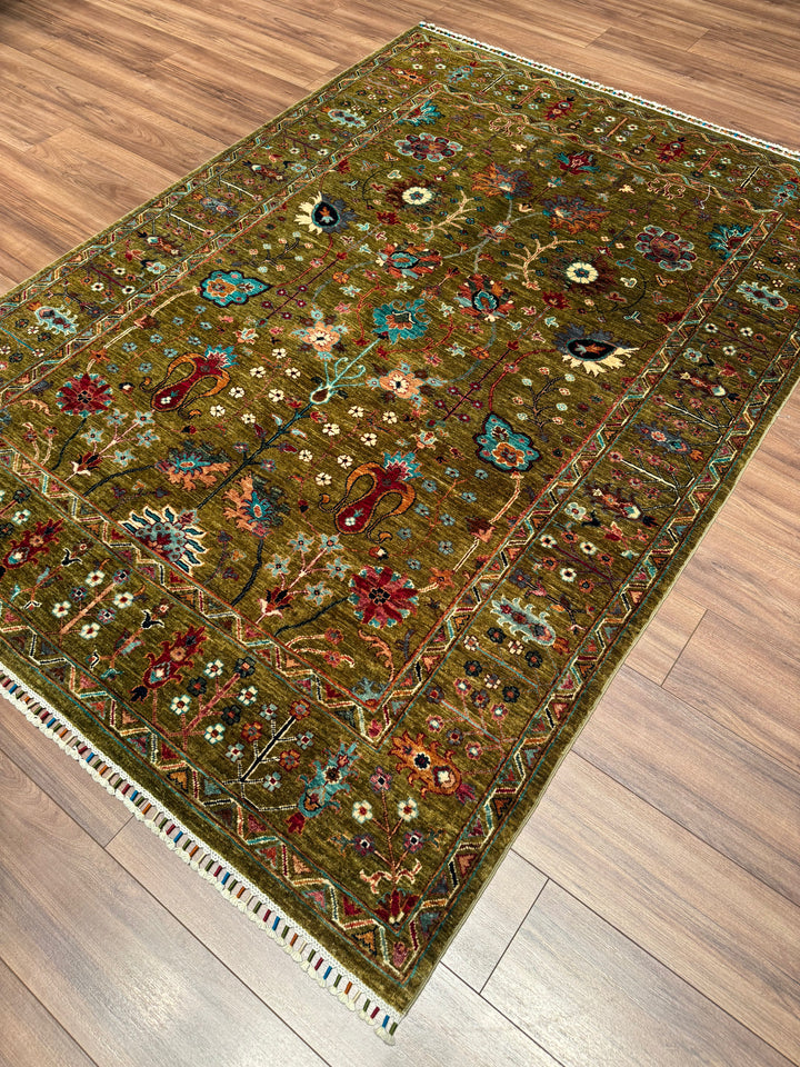 Sultani Floral Original Hand-Woven Green Vegetable Dyed Wool Carpet 170x236 4.01 Square Meters - 6x8