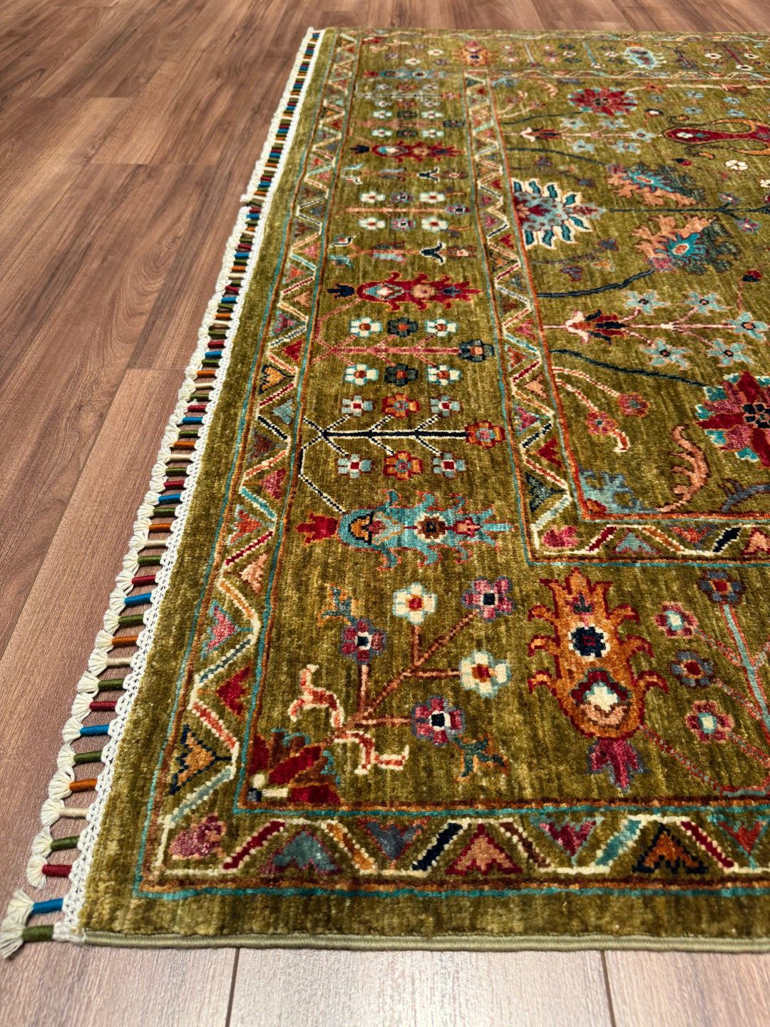 Sultani Floral Original Hand-Woven Green Vegetable Dyed Wool Carpet 170x236 4.01 Square Meters - 6x8
