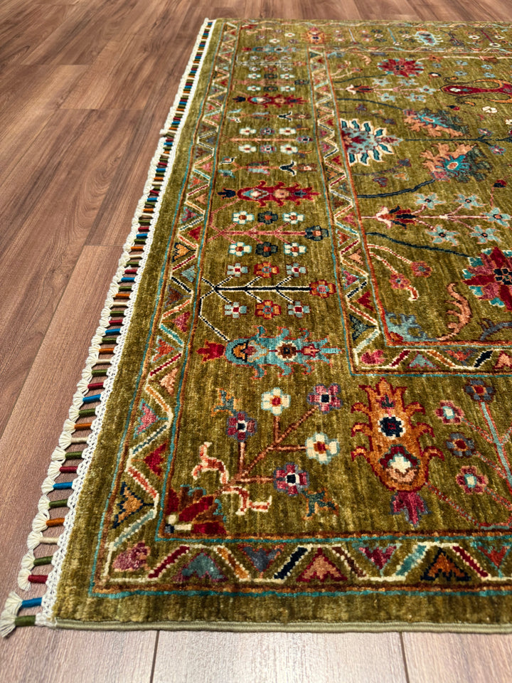 Sultani Floral Original Hand-Woven Green Vegetable Dyed Wool Carpet 170x236 4.01 Square Meters - 6x8