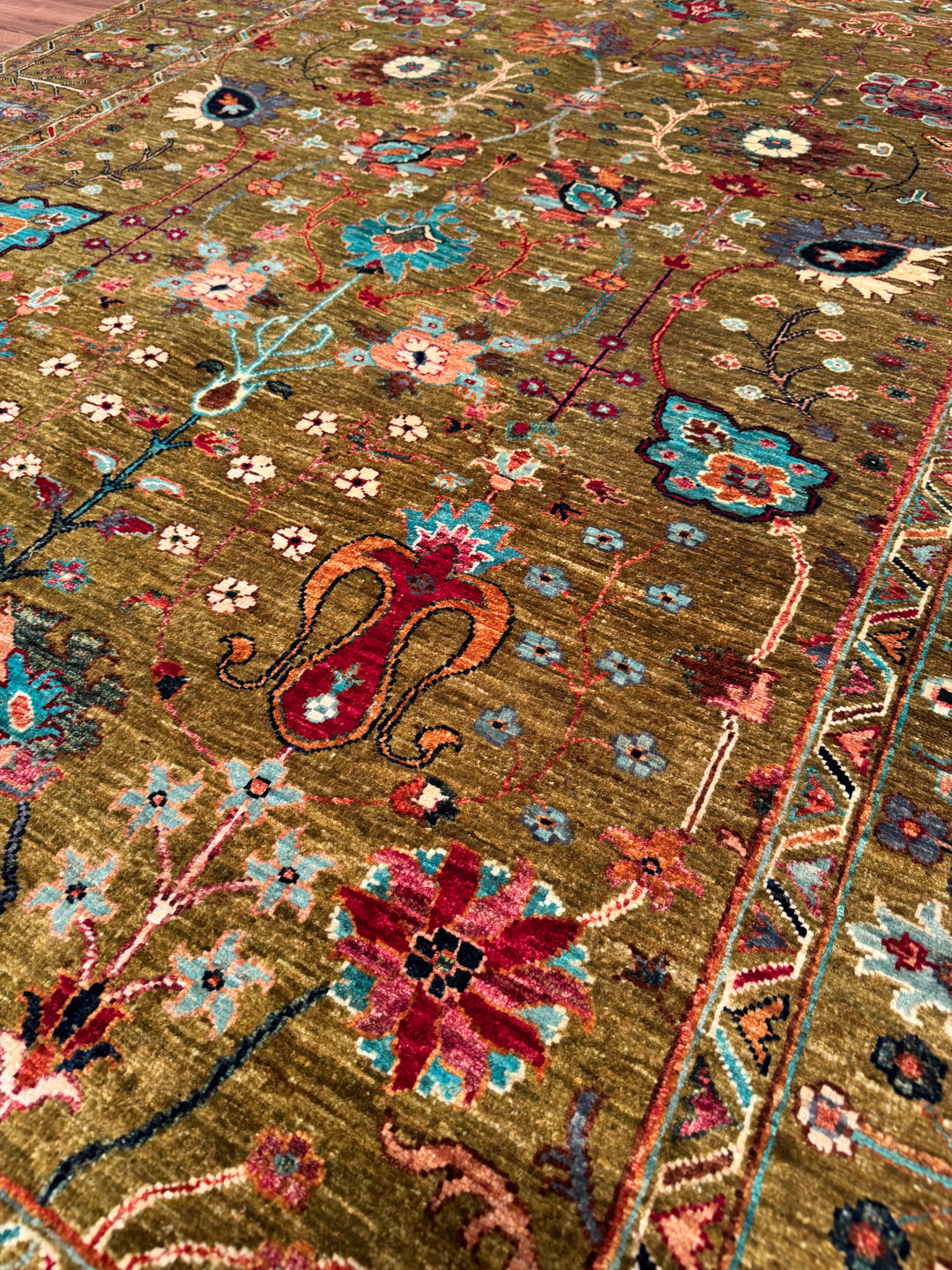 Sultani Floral Original Hand-Woven Green Vegetable Dyed Wool Carpet 170x236 4.01 Square Meters - 6x8