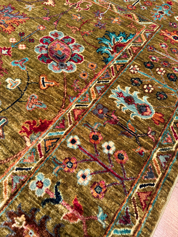 Sultani Floral Original Hand-Woven Green Vegetable Dyed Wool Carpet 170x236 4.01 Square Meters - 6x8