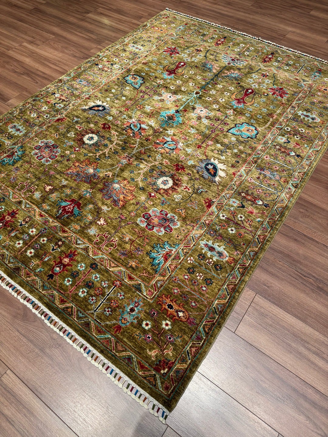 Sultani Floral Original Hand-Woven Green Vegetable Dyed Wool Carpet 170x236 4.01 Square Meters - 6x8