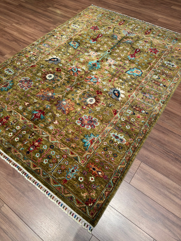 Sultani Floral Original Hand-Woven Green Vegetable Dyed Wool Carpet 170x236 4.01 Square Meters - 6x8