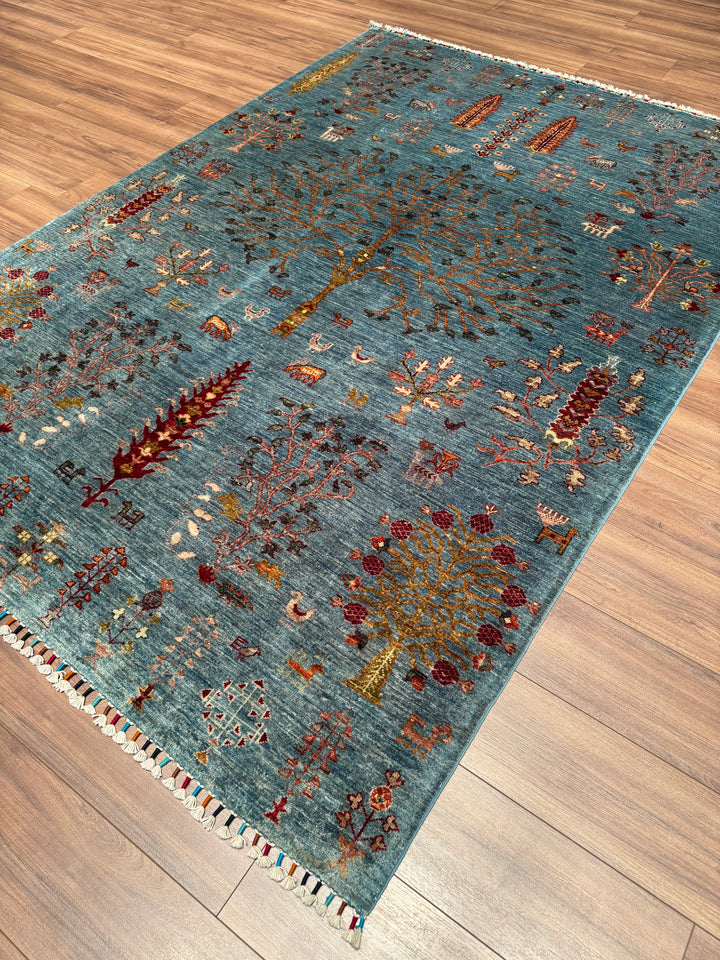 Khorjin Hayat Ağacı Orijinal El Dokuması Turkuaz Kök Boya Yün Halı 180x253 4.55 Metrekare - 5x8 ft