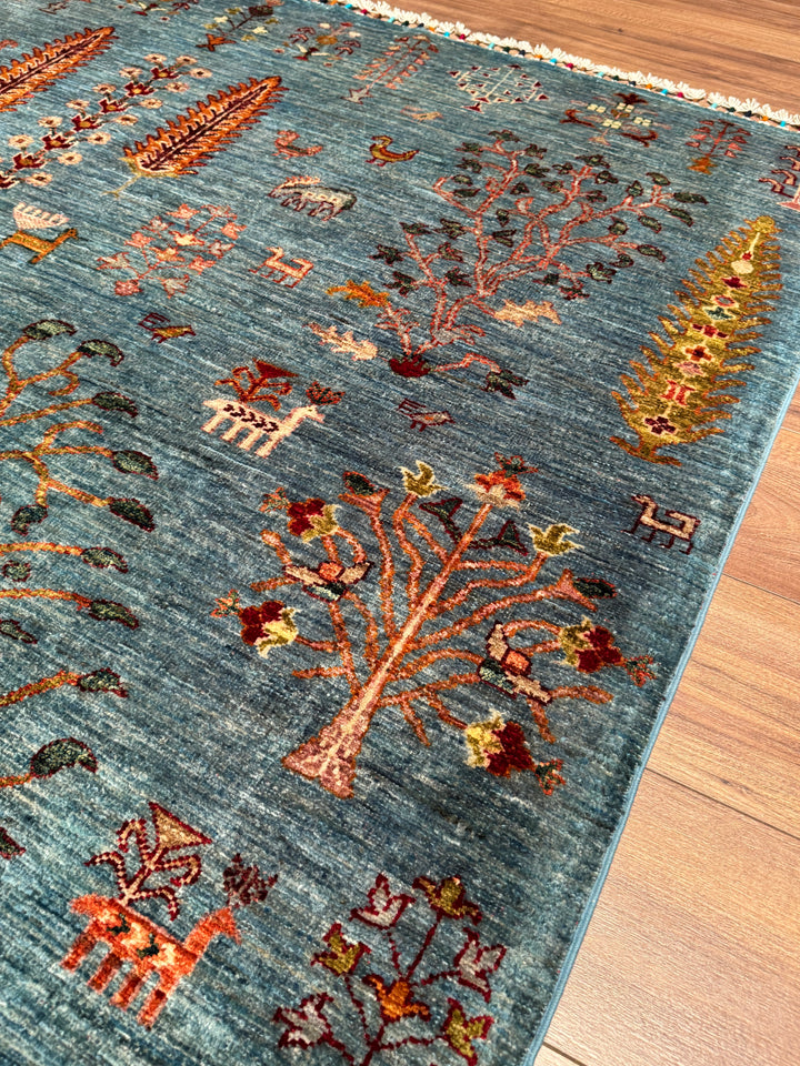 Khorjin Hayat Ağacı Orijinal El Dokuması Turkuaz Kök Boya Yün Halı 180x253 4.55 Metrekare - 5x8 ft