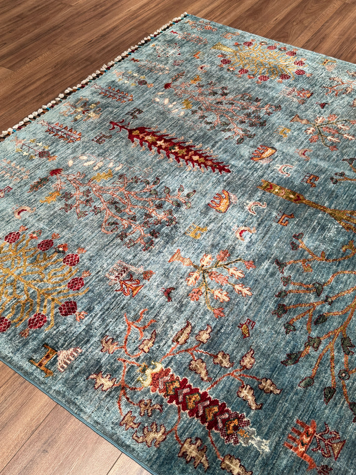 Khorjin Hayat Ağacı Orijinal El Dokuması Turkuaz Kök Boya Yün Halı 180x253 4.55 Metrekare - 5x8 ft