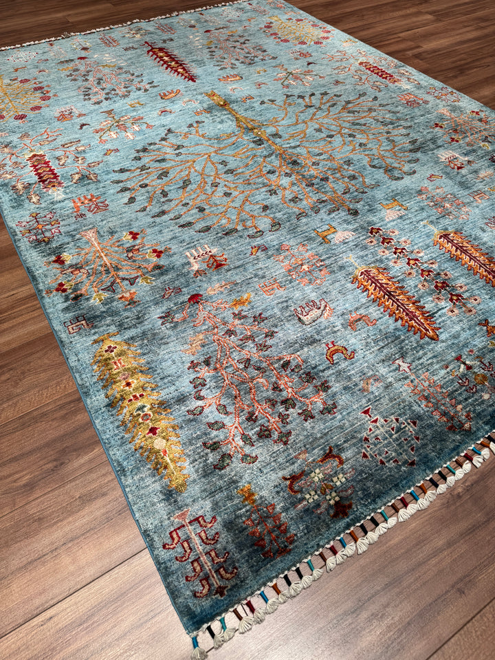 Khorjin Hayat Ağacı Orijinal El Dokuması Turkuaz Kök Boya Yün Halı 180x253 4.55 Metrekare - 5x8 ft
