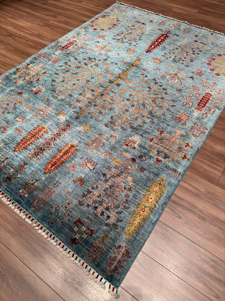 Khorjin Hayat Ağacı Orijinal El Dokuması Turkuaz Kök Boya Yün Halı 180x253 4.55 Metrekare - 5x8 ft