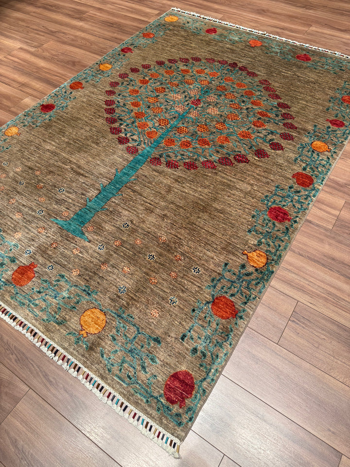 Sultani Pomegranate Tree Original Hand-Woven Beige Vegetable Dyed Wool Carpet 165x237 3.91 Square Meters - 5x8 ft