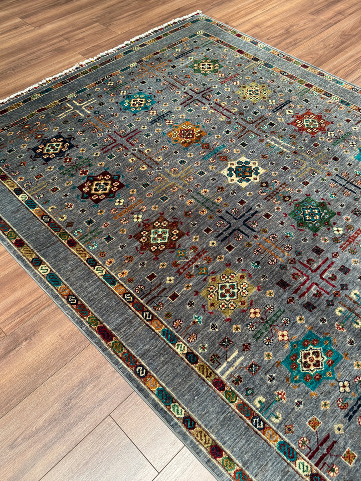 Veziri Bilcik Orijinal El Dokuması Gri Kök Boya Yün Halı 171x246 4.21 Metrekare - 6x8 ft