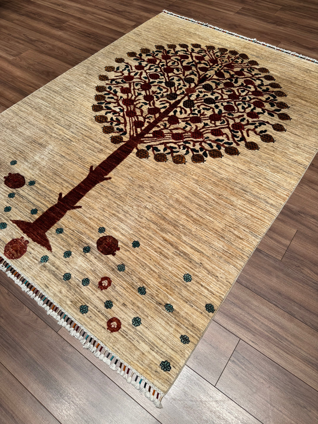Sultani Pomegranate Tree Original Hand-Woven Cream Vegetable Dyed Wool Carpet 170x226 3.84 Square Meters - 5x8 ft