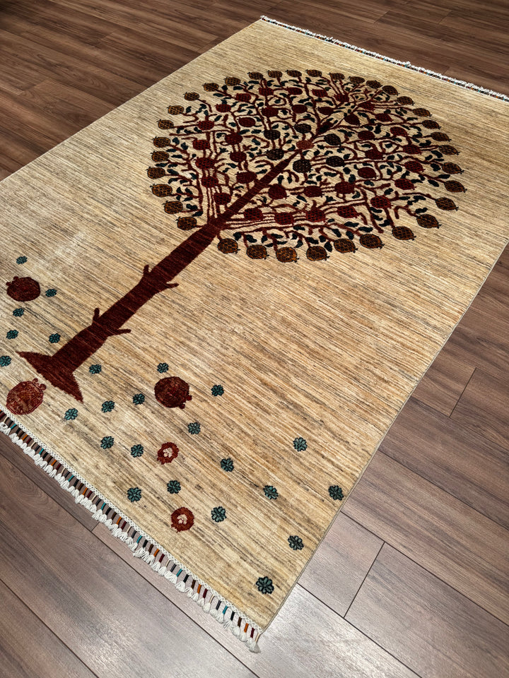 Sultani Pomegranate Tree Original Hand-Woven Cream Vegetable Dyed Wool Carpet 170x226 3.84 Square Meters - 5x8 ft