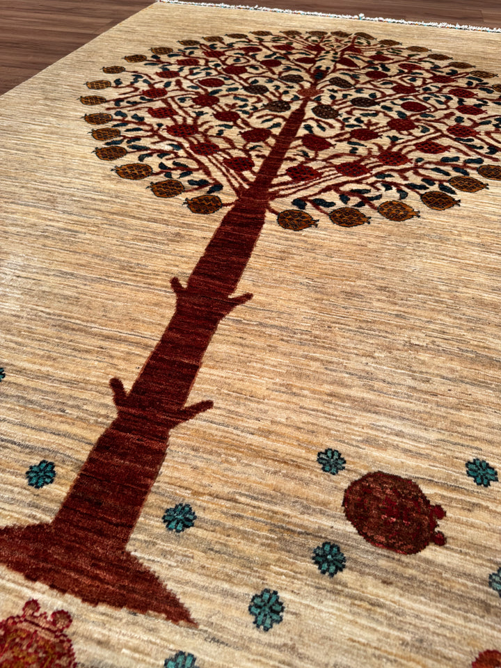 Sultani Pomegranate Tree Original Hand-Woven Cream Vegetable Dyed Wool Carpet 170x226 3.84 Square Meters - 5x8 ft