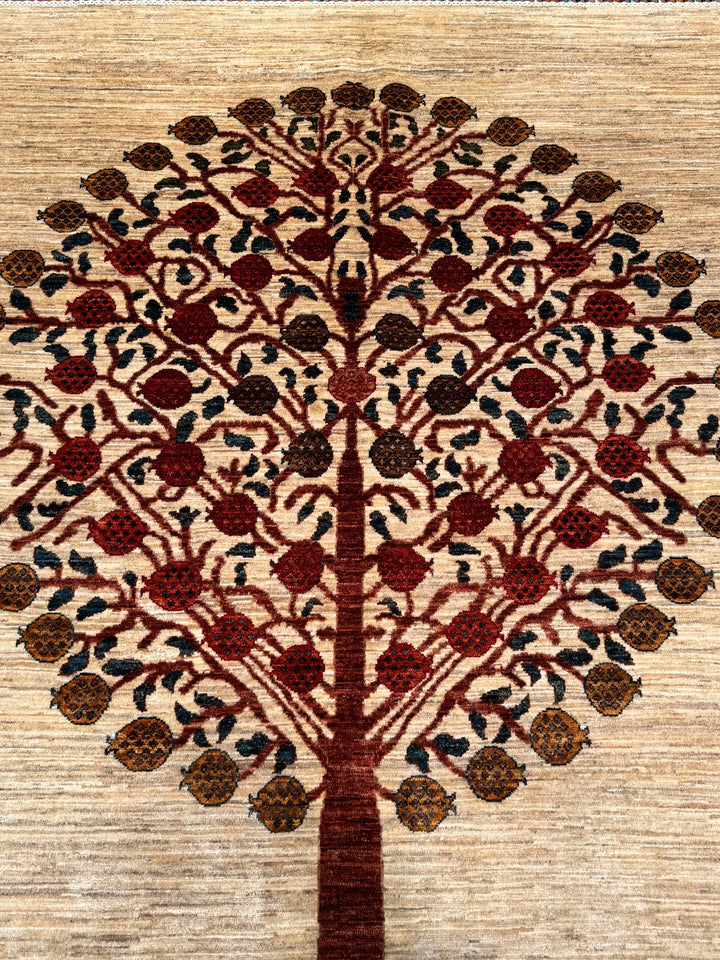 Sultani Pomegranate Tree Original Hand-Woven Cream Vegetable Dyed Wool Carpet 170x226 3.84 Square Meters - 5x8 ft