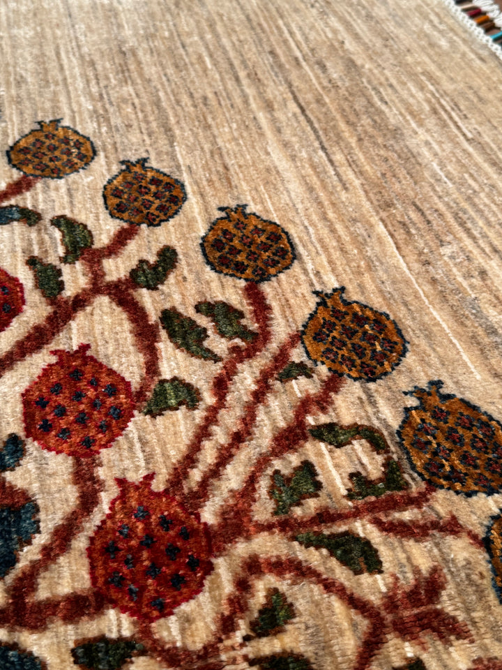 Sultani Pomegranate Tree Original Hand-Woven Cream Vegetable Dyed Wool Carpet 170x226 3.84 Square Meters - 5x8 ft