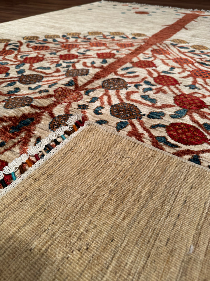 Sultani Pomegranate Tree Original Hand-Woven Cream Vegetable Dyed Wool Carpet 170x226 3.84 Square Meters - 5x8 ft