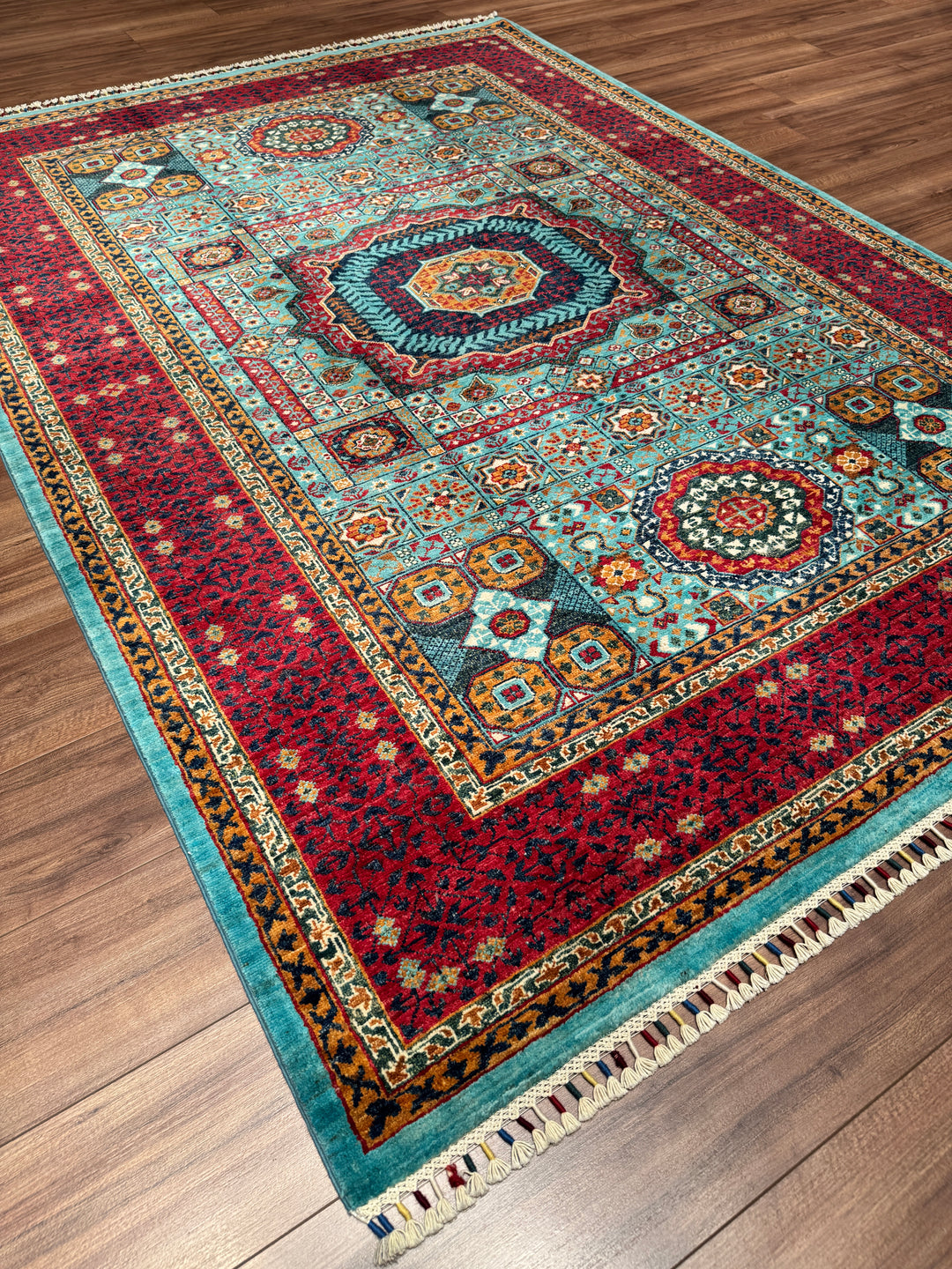 Memlük Orijinal El Dokuması Turkuaz Kırmızı Kök Boya Yün Halı 175x245 4.29 Metrekare - 5x8 ft