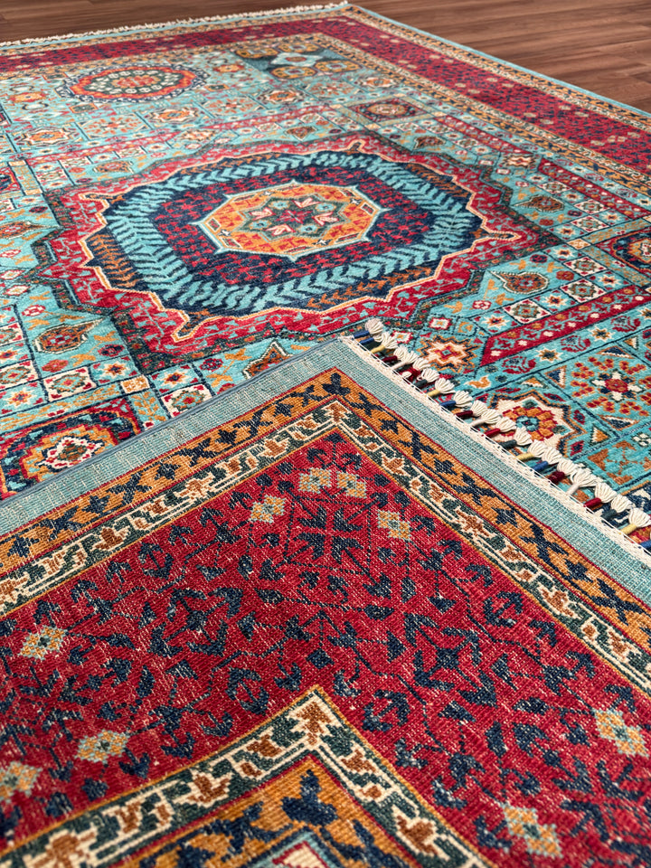 Memlük Orijinal El Dokuması Turkuaz Kırmızı Kök Boya Yün Halı 175x245 4.29 Metrekare - 5x8 ft