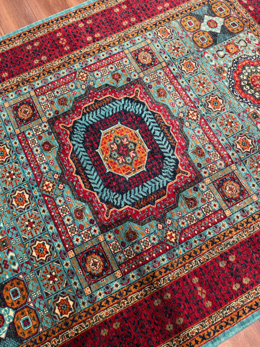 Memlük Orijinal El Dokuması Turkuaz Kırmızı Kök Boya Yün Halı 175x245 4.29 Metrekare - 5x8 ft