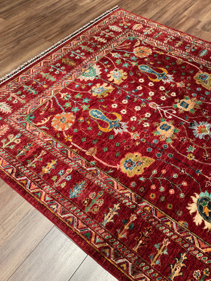 Sultani Çiçekli Orijinal El Dokuması Kırmızı Kök Boya Yün Halı 174x247 4.30 Metrekare - 5x8 ft