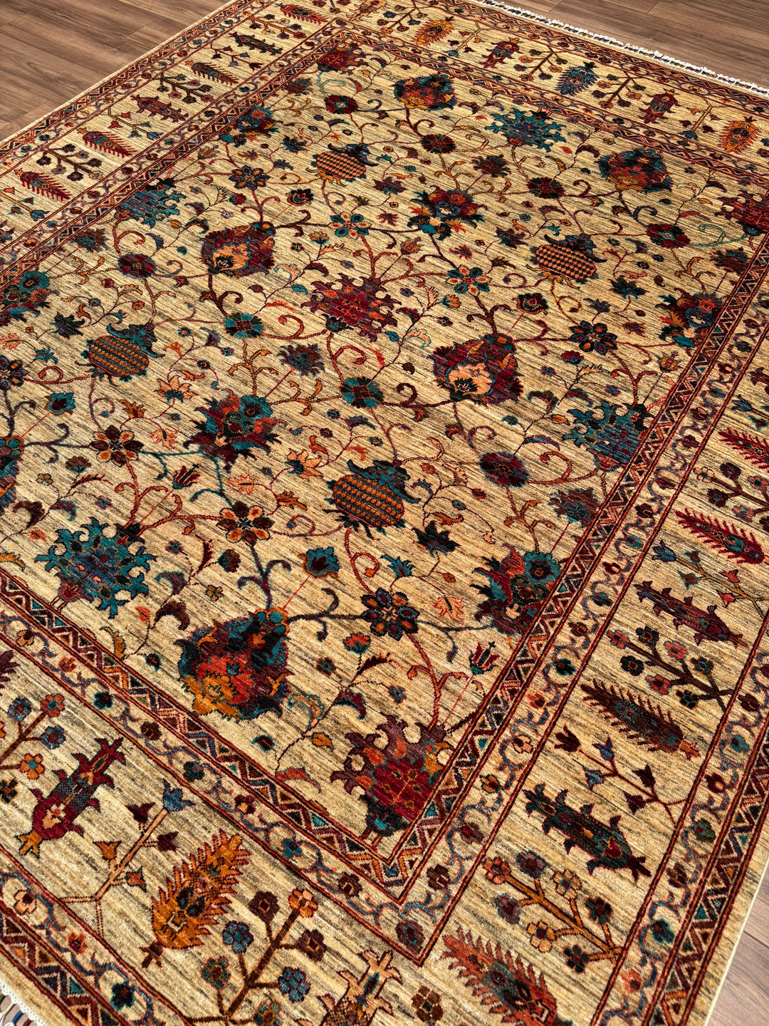 Sultani Binbirgece Orijinal El Dokuması Bej Kök Boya Yün Halı 248x287 7.12 Metrekare - 8x10 ft