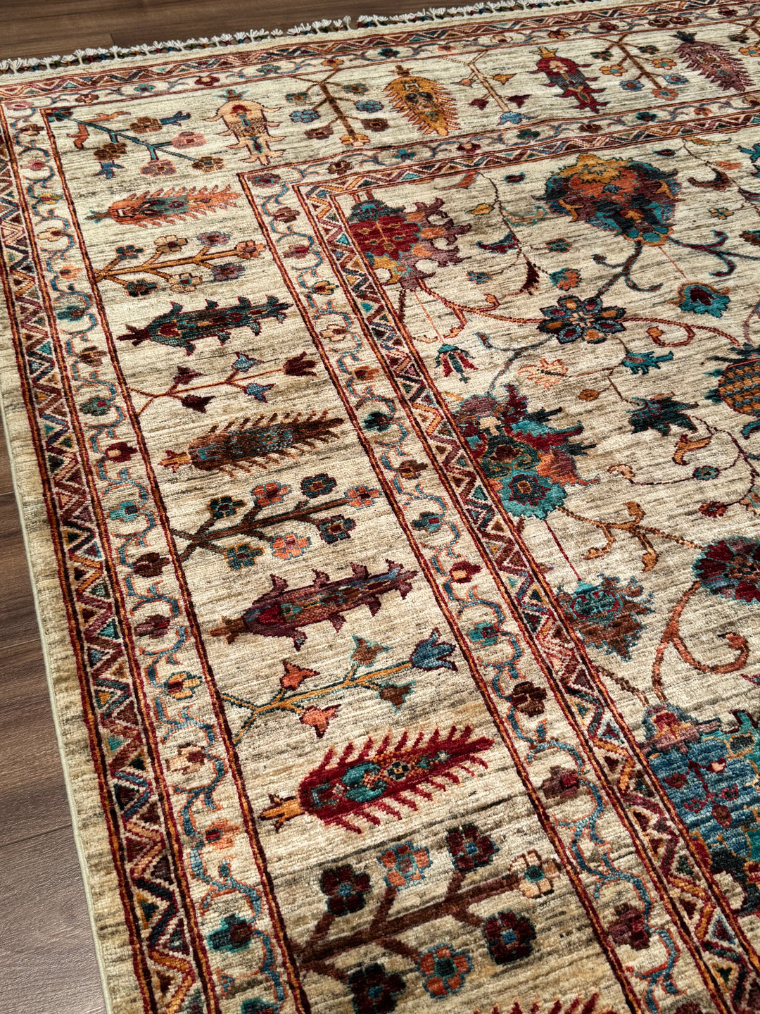 Sultani Binbirgece Orijinal El Dokuması Bej Kök Boya Yün Halı 248x287 7.12 Metrekare - 8x10 ft