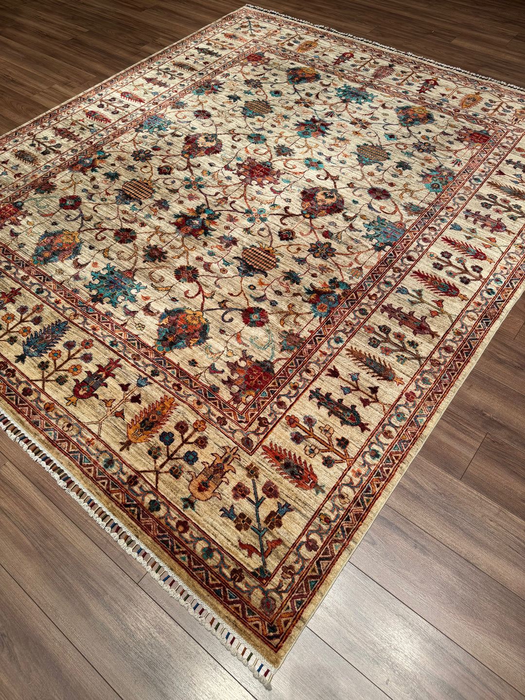 Sultani Binbirgece Orijinal El Dokuması Bej Kök Boya Yün Halı 248x287 7.12 Metrekare - 8x10 ft