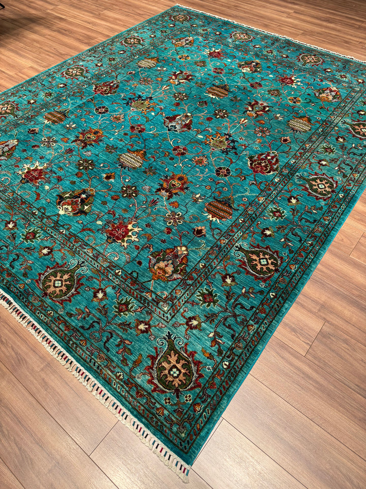 Sultani Binbirgece Orijinal El Dokuması Turkuaz Kök Boya Yün Halı 248x301 7.46 Metrekare - 8x10 ft