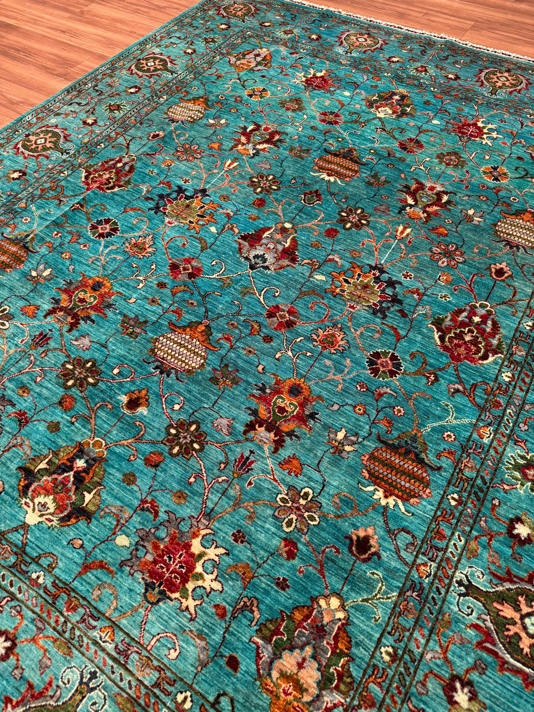 Sultani Binbirgece Orijinal El Dokuması Turkuaz Kök Boya Yün Halı 248x301 7.46 Metrekare - 8x10 ft