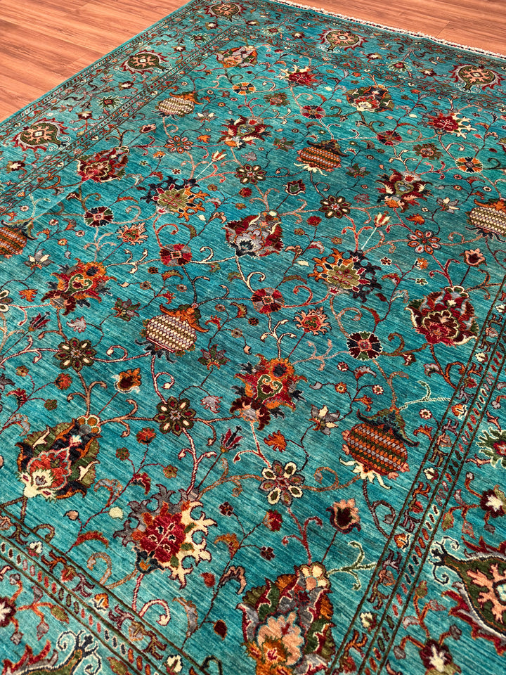 Sultani Binbirgece Orijinal El Dokuması Turkuaz Kök Boya Yün Halı 248x301 7.46 Metrekare - 8x10 ft