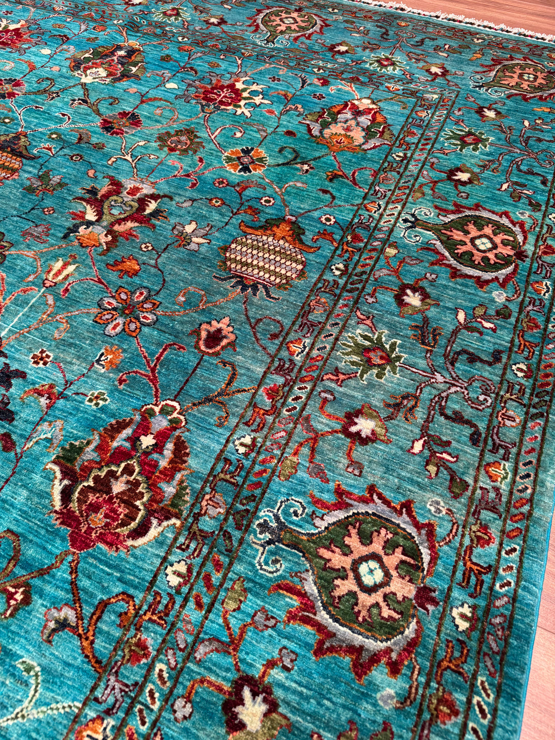 Sultani Binbirgece Orijinal El Dokuması Turkuaz Kök Boya Yün Halı 248x301 7.46 Metrekare - 8x10 ft