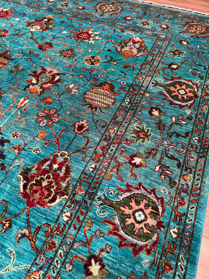 Sultani Binbirgece Orijinal El Dokuması Turkuaz Kök Boya Yün Halı 248x301 7.46 Metrekare - 8x10 ft