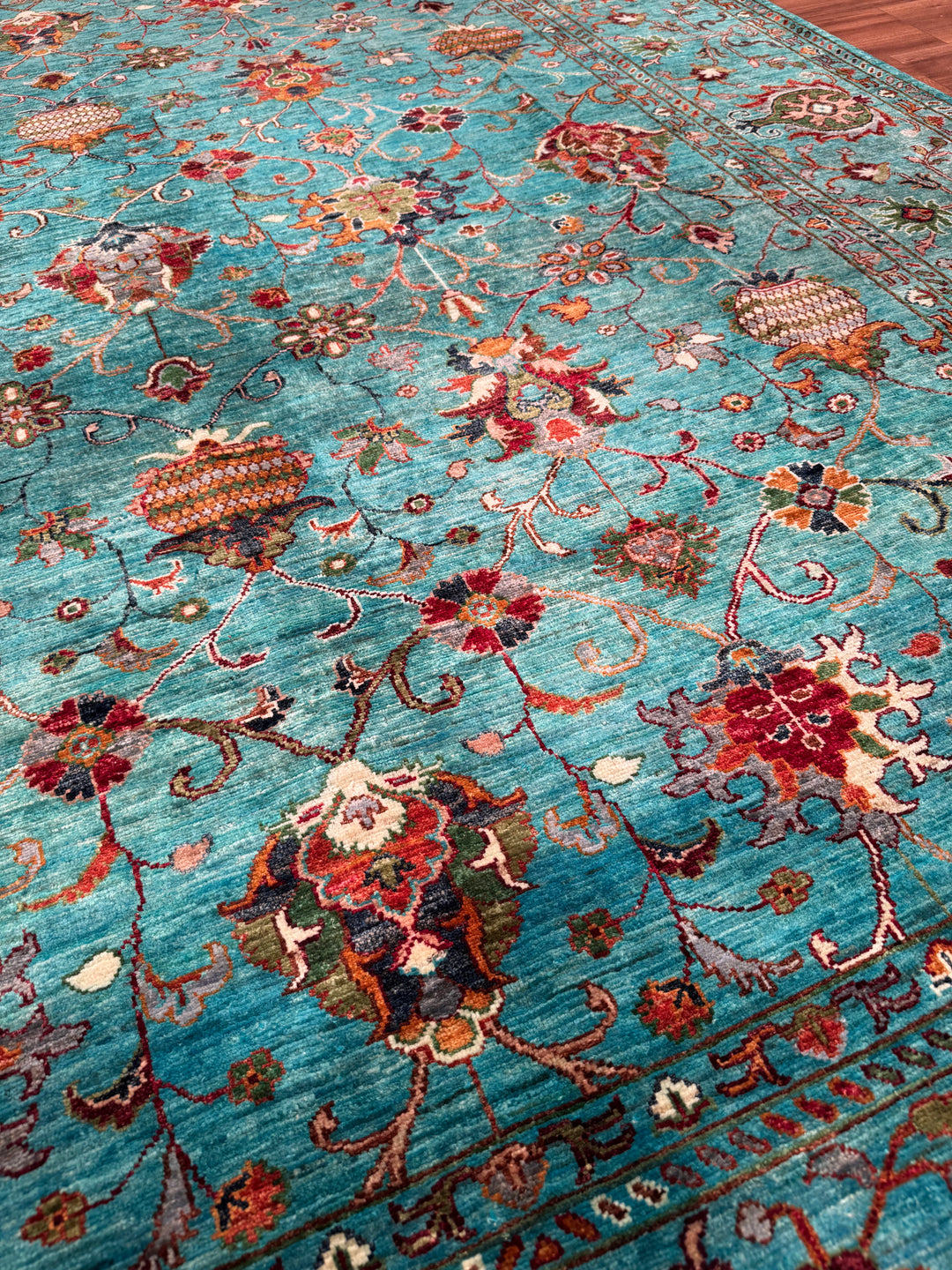 Sultani Binbirgece Orijinal El Dokuması Turkuaz Kök Boya Yün Halı 248x301 7.46 Metrekare - 8x10 ft