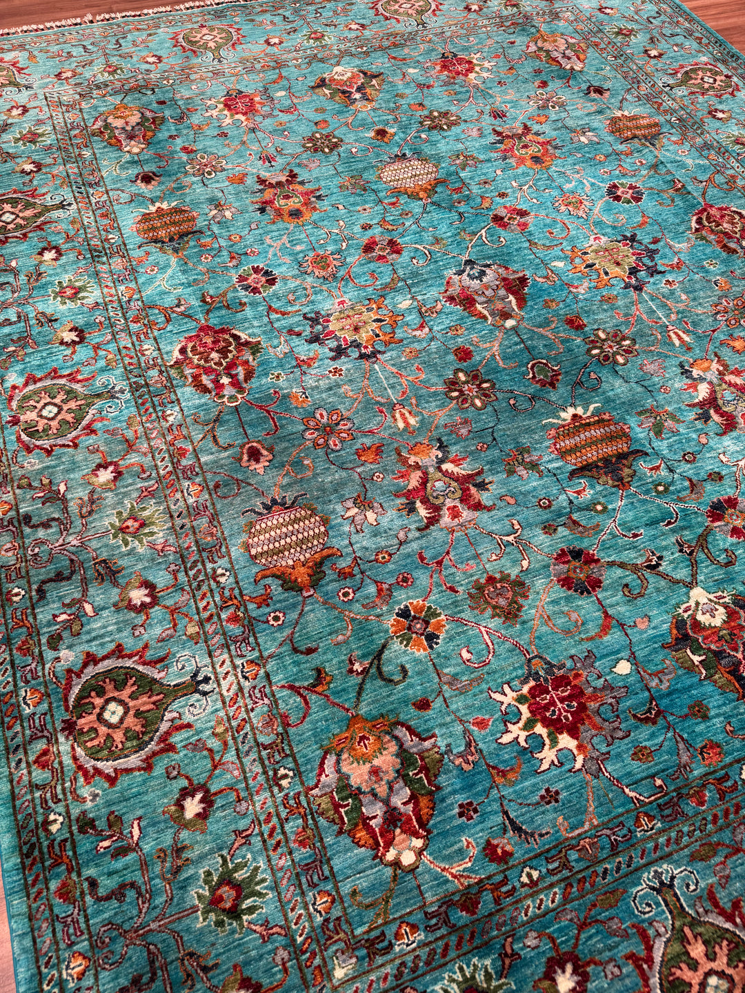 Sultani Binbirgece Orijinal El Dokuması Turkuaz Kök Boya Yün Halı 248x301 7.46 Metrekare - 8x10 ft