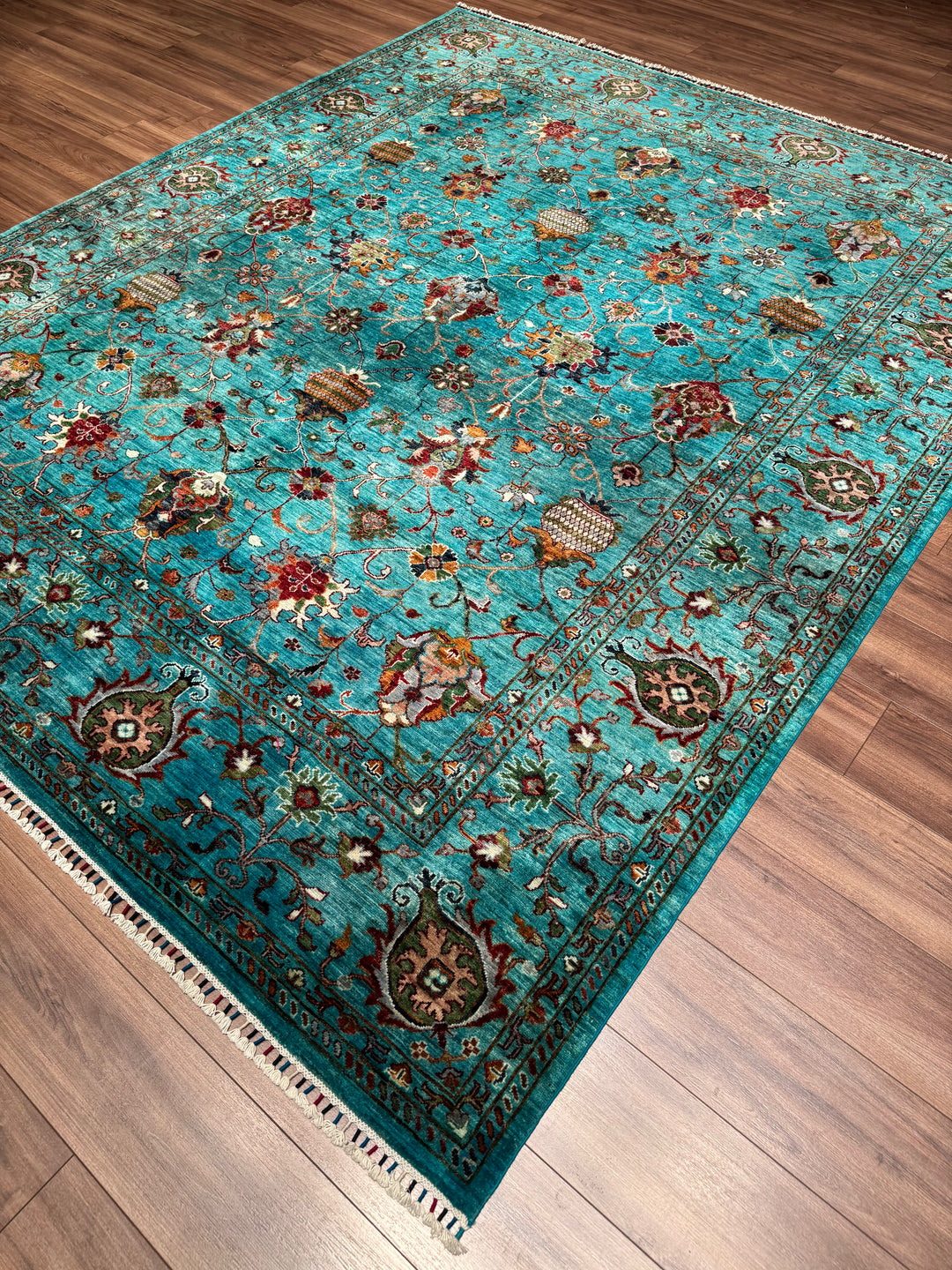 Sultani Binbirgece Orijinal El Dokuması Turkuaz Kök Boya Yün Halı 248x301 7.46 Metrekare - 8x10 ft