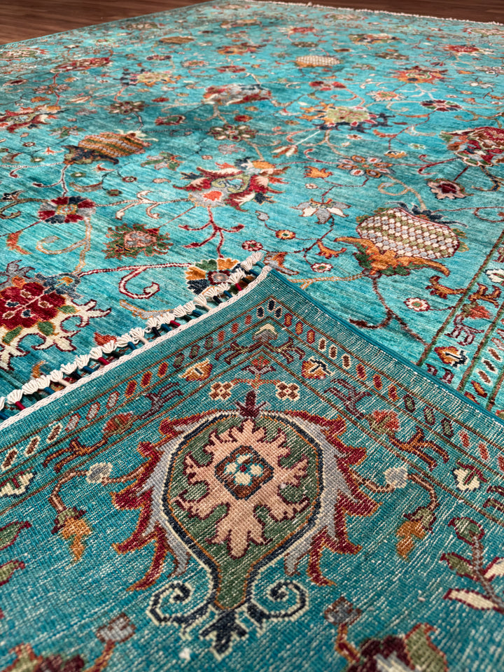 Sultani Binbirgece Orijinal El Dokuması Turkuaz Kök Boya Yün Halı 248x301 7.46 Metrekare - 8x10 ft