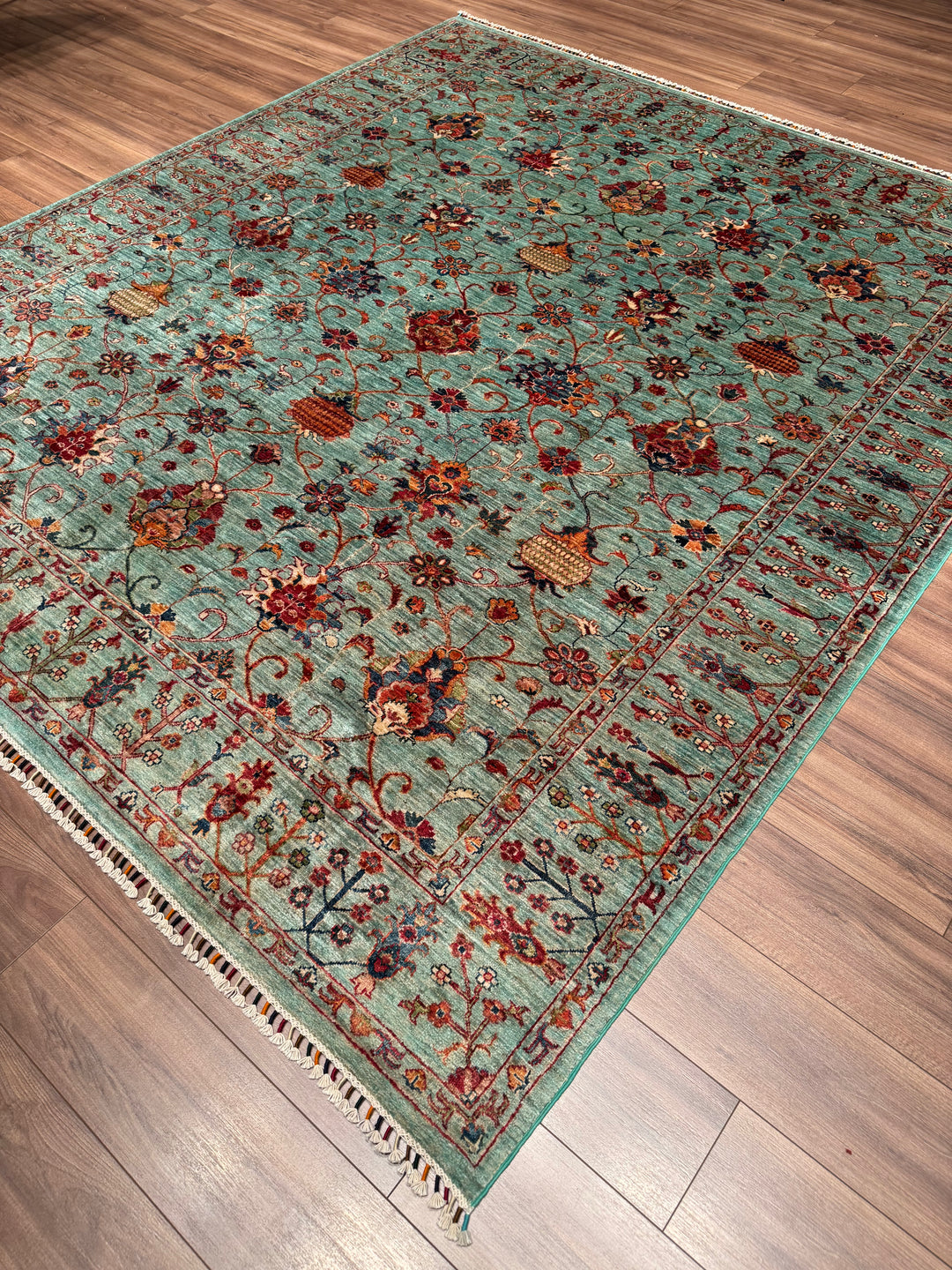 Sultani Binbirgece Original Hand-Woven Turquoise Vegetable Dyed Wool Carpet 252x284 7.16 Square Meters - 8x10 ft