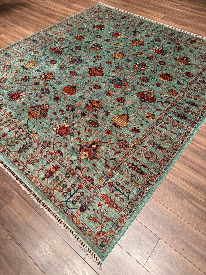 Sultani Binbirgece Original Hand-Woven Turquoise Vegetable Dyed Wool Carpet 252x284 7.16 Square Meters - 8x10 ft
