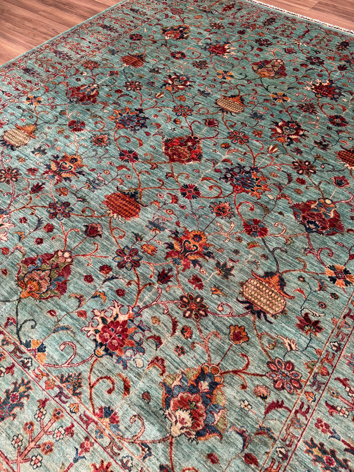 Sultani Binbirgece Original Hand-Woven Turquoise Vegetable Dyed Wool Carpet 252x284 7.16 Square Meters - 8x10 ft