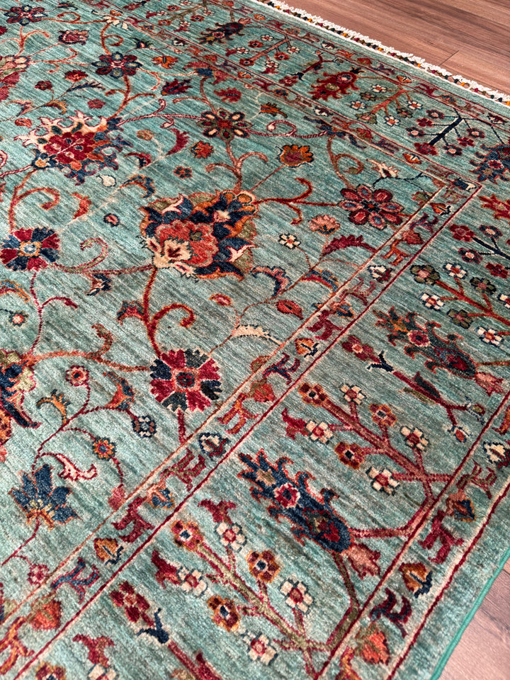 Sultani Binbirgece Original Hand-Woven Turquoise Vegetable Dyed Wool Carpet 252x284 7.16 Square Meters - 8x10 ft