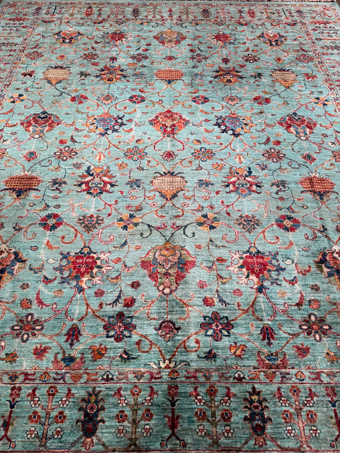 Sultani Binbirgece Original Hand-Woven Turquoise Vegetable Dyed Wool Carpet 252x284 7.16 Square Meters - 8x10 ft