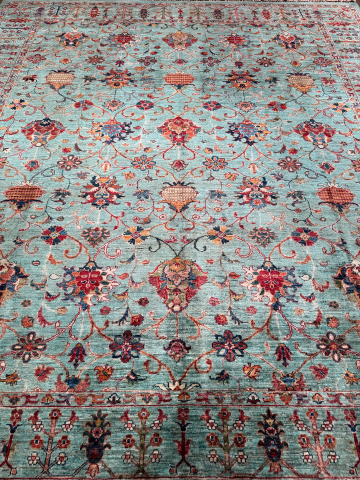 Sultani Binbirgece Original Hand-Woven Turquoise Vegetable Dyed Wool Carpet 252x284 7.16 Square Meters - 8x10 ft