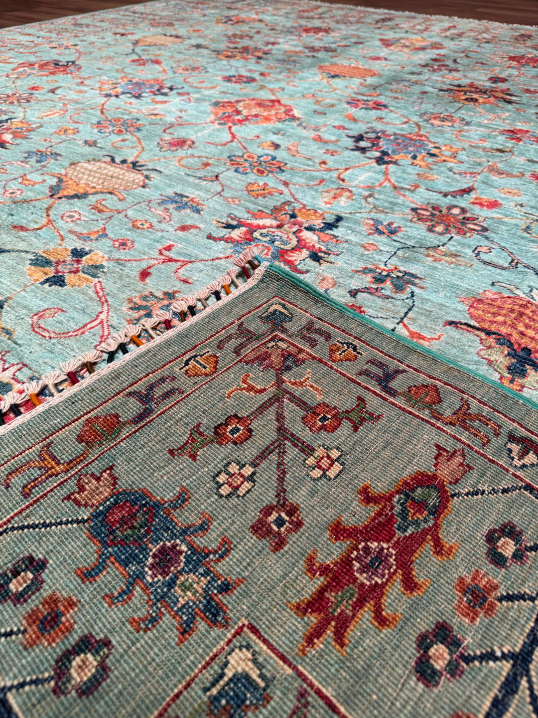 Sultani Binbirgece Original Hand-Woven Turquoise Vegetable Dyed Wool Carpet 252x284 7.16 Square Meters - 8x10 ft