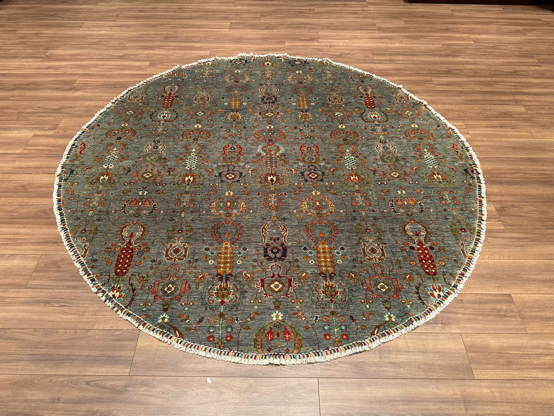 Sultani Binbirgece Yuvarlak Orjinal El Dokuması Gri Kök Boya Yün Halı 249x249 6.20 Metrekare - 8x8 ft