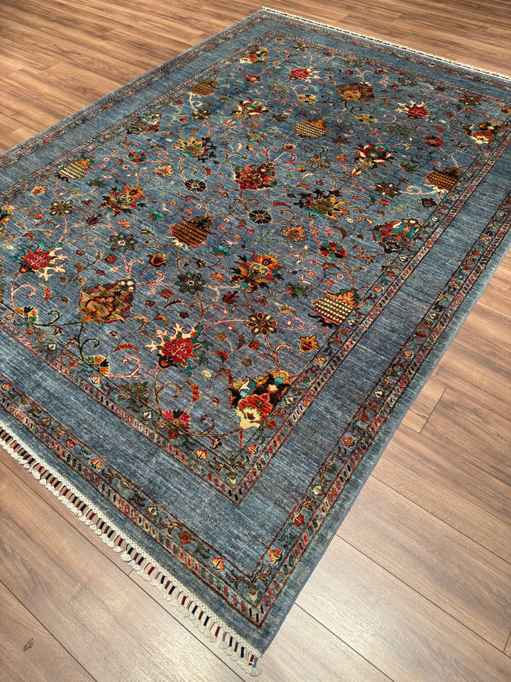 Sultani Binbirgece Original Hand-Woven Blue Vegetable Dyed Wool Carpet 212x289 6.13 Square Meters - 7x10 ft