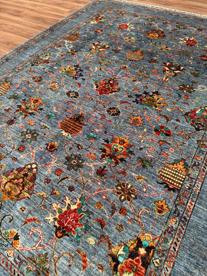 Sultani Binbirgece Original Hand-Woven Blue Vegetable Dyed Wool Carpet 212x289 6.13 Square Meters - 7x10 ft