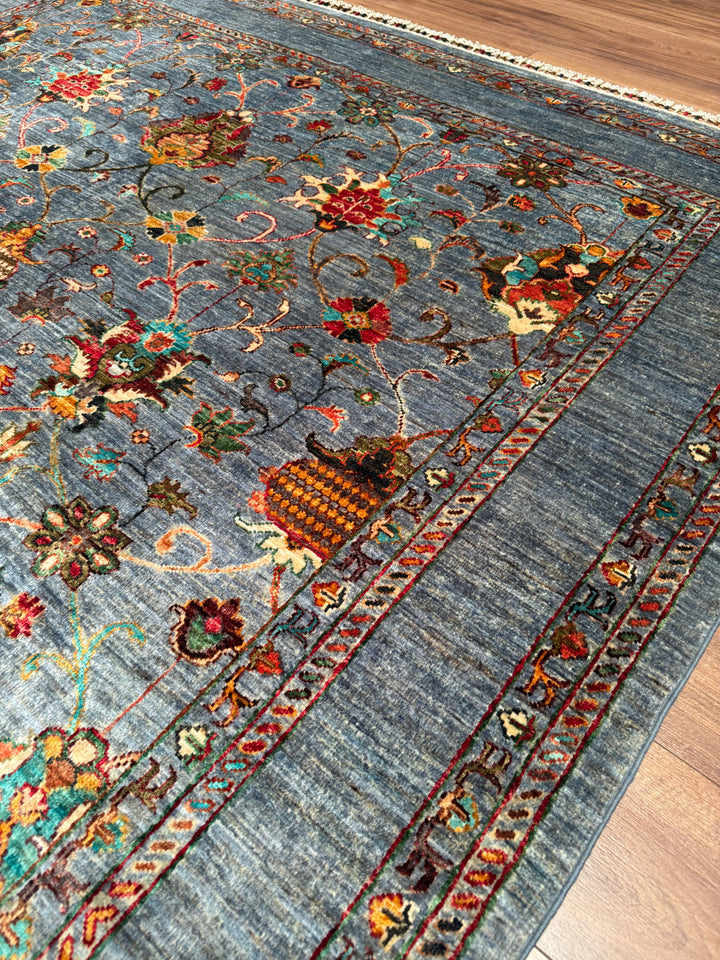 Sultani Binbirgece Original Hand-Woven Blue Vegetable Dyed Wool Carpet 212x289 6.13 Square Meters - 7x10 ft