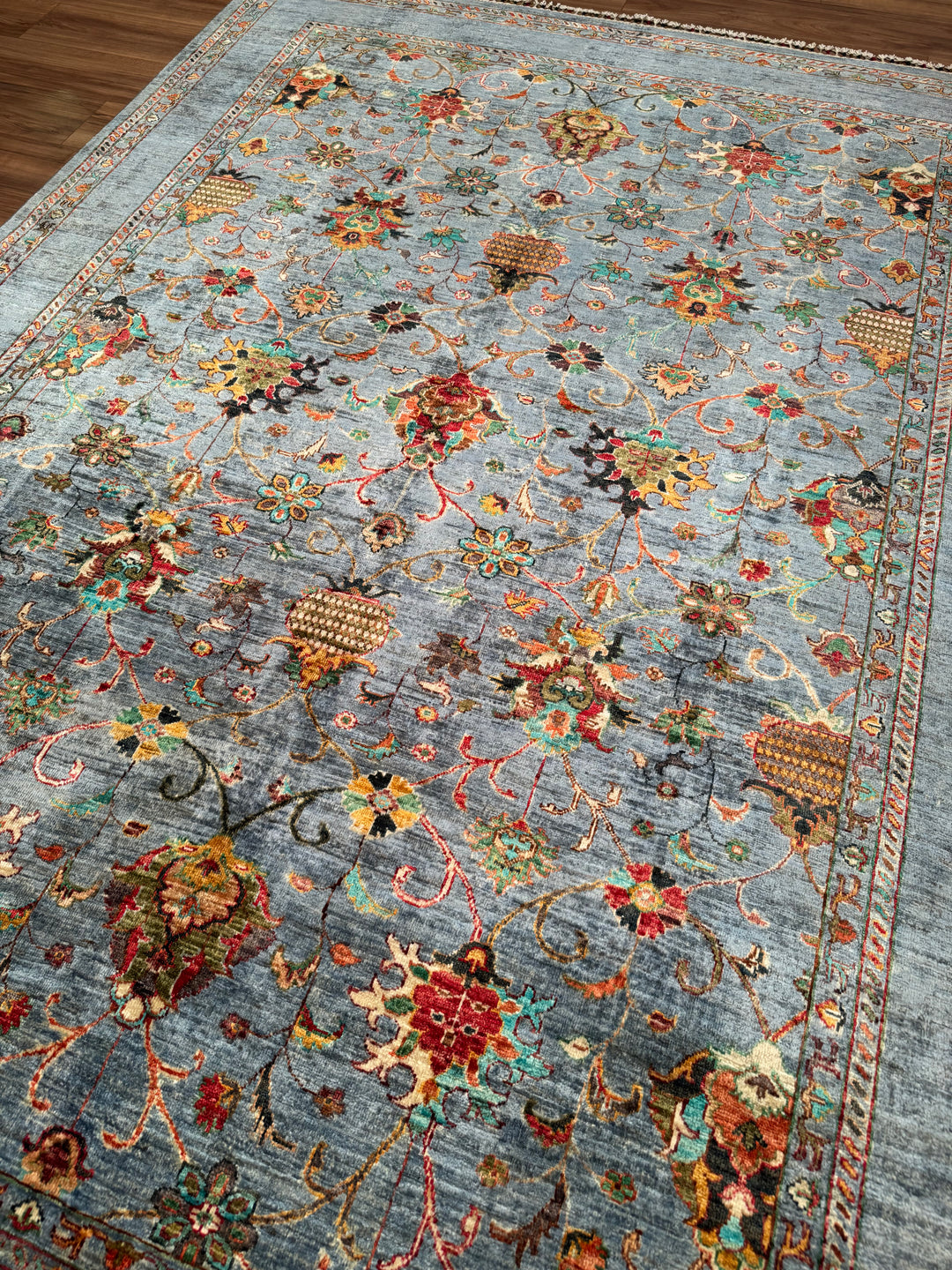 Sultani Binbirgece Original Hand-Woven Blue Vegetable Dyed Wool Carpet 212x289 6.13 Square Meters - 7x10 ft