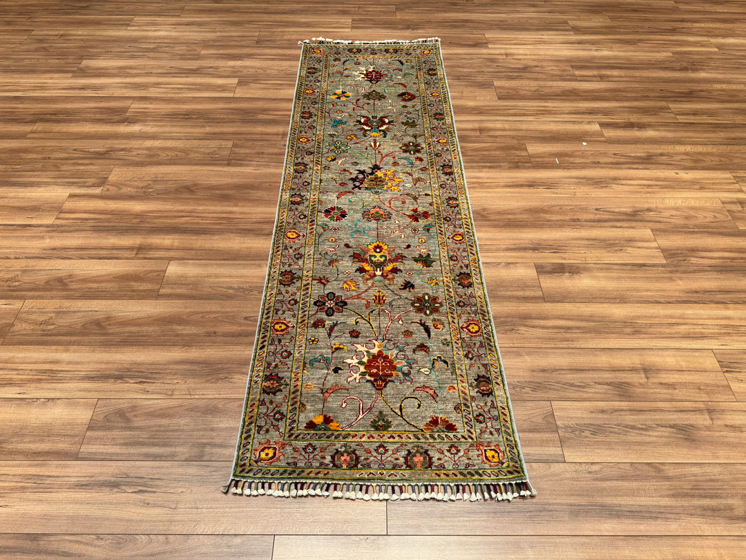 Sultani Çiçekli Yolluk Orjinal El Dokuması Gri Kök Boya Yün Halı 0.80x258 2.06 Metrekare - 3x8 ft